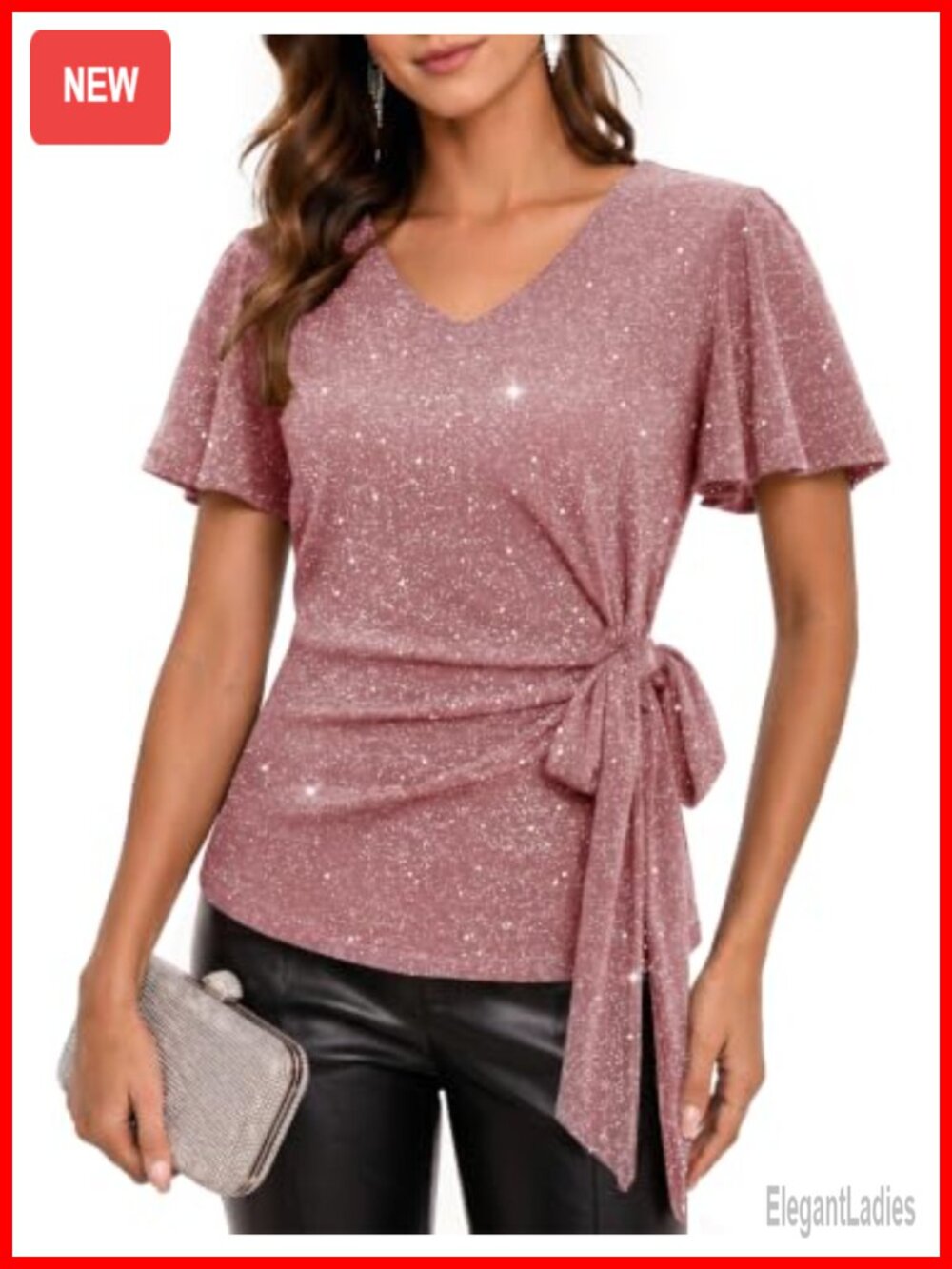 Sequin V-Neck Tunic Top, Short Sleeve, Pull-On, Party